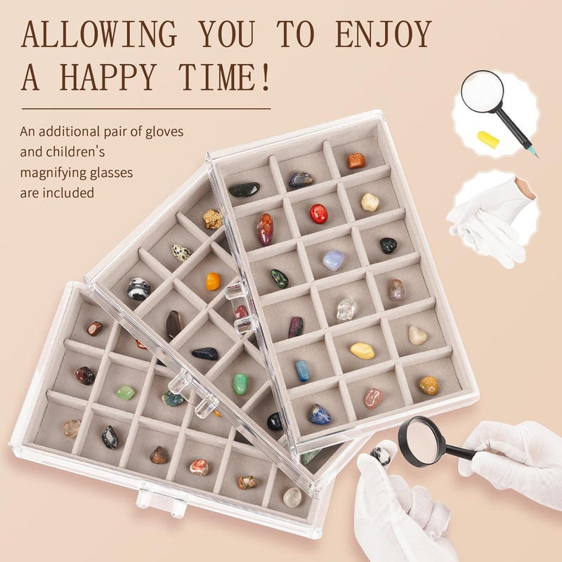 Bfttlity Acrylic Rock Display Case,54 Grids Rock Collection Box for Kids with Mini Magnifying Glass and Gloves, Clear Display Cases for Stones Collectibles Gemstone Crystals Storage Boxes - Image 3